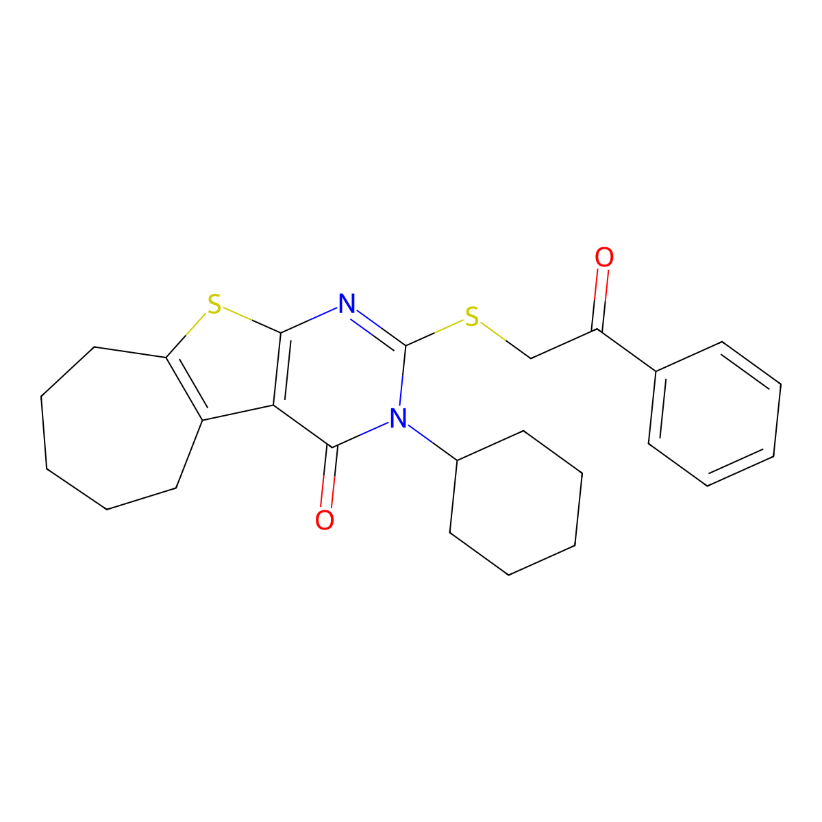 3-cyclohexyl-2-[(2-oxo-2-phenylethyl)sulfanyl]-3,5,6,7,8,9-hexahydro-4H-cyclohepta[4,5]thieno[2,3-d]pyrimidin-4-one molecular structure, CAS 354549-24-9