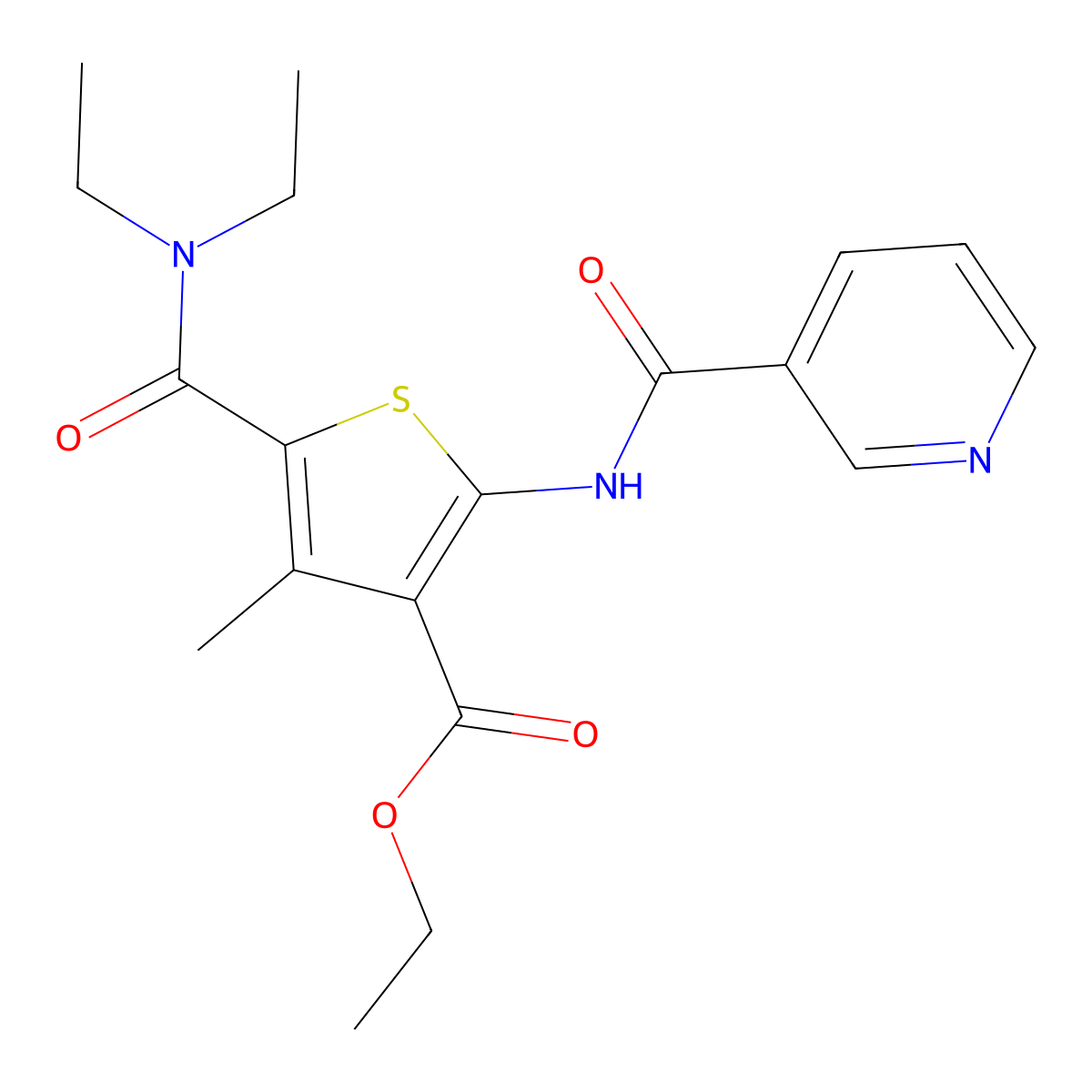 Ethyl 5-(diethylcarbamoyl)-4-methyl-2-(pyridine-3-carbonylamino)thiophene-3-carboxylate molecular structure, CAS 354550-51-9