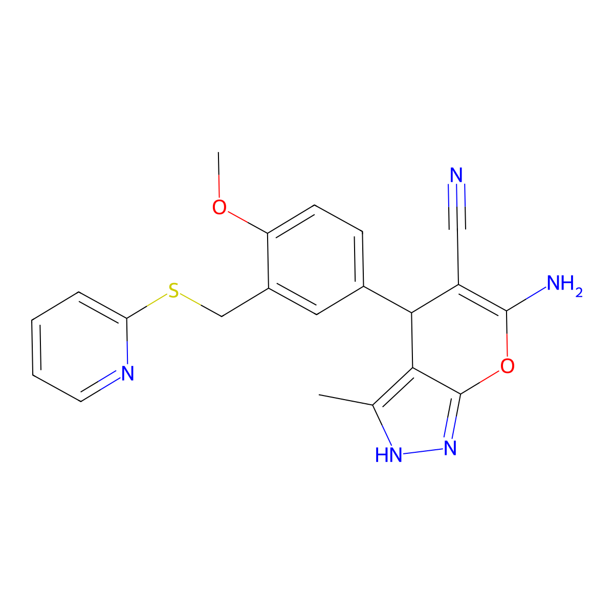 6-Amino-4-{4-methoxy-3-[(2-pyridinylsulfanyl)methyl]phenyl}-3-methyl-2,4-dihydropyrano[2,3-c]pyrazole-5-carbonitrile molecular structure, CAS 354550-65-5