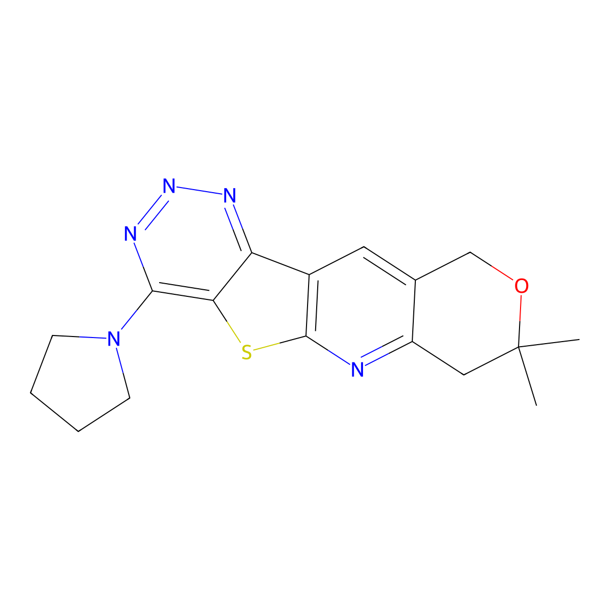 8,8-dimethyl-4-(pyrrolidin-1-yl)-8,10-dihydro-7H-pyrano[3'',4'':5',6']pyrido[3',2':4,5]thieno[3,2-d][1,2,3]triazine molecular structure, CAS 354550-82-6