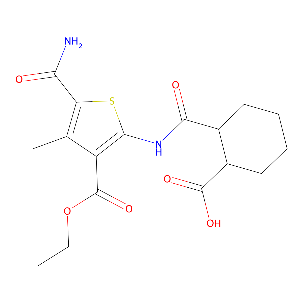 2-{[5-Carbamoyl-3-(ethoxycarbonyl)-4-methylthiophen-2-yl]carbamoyl}cyclohexanecarboxylic acid molecular structure, CAS 354551-32-9