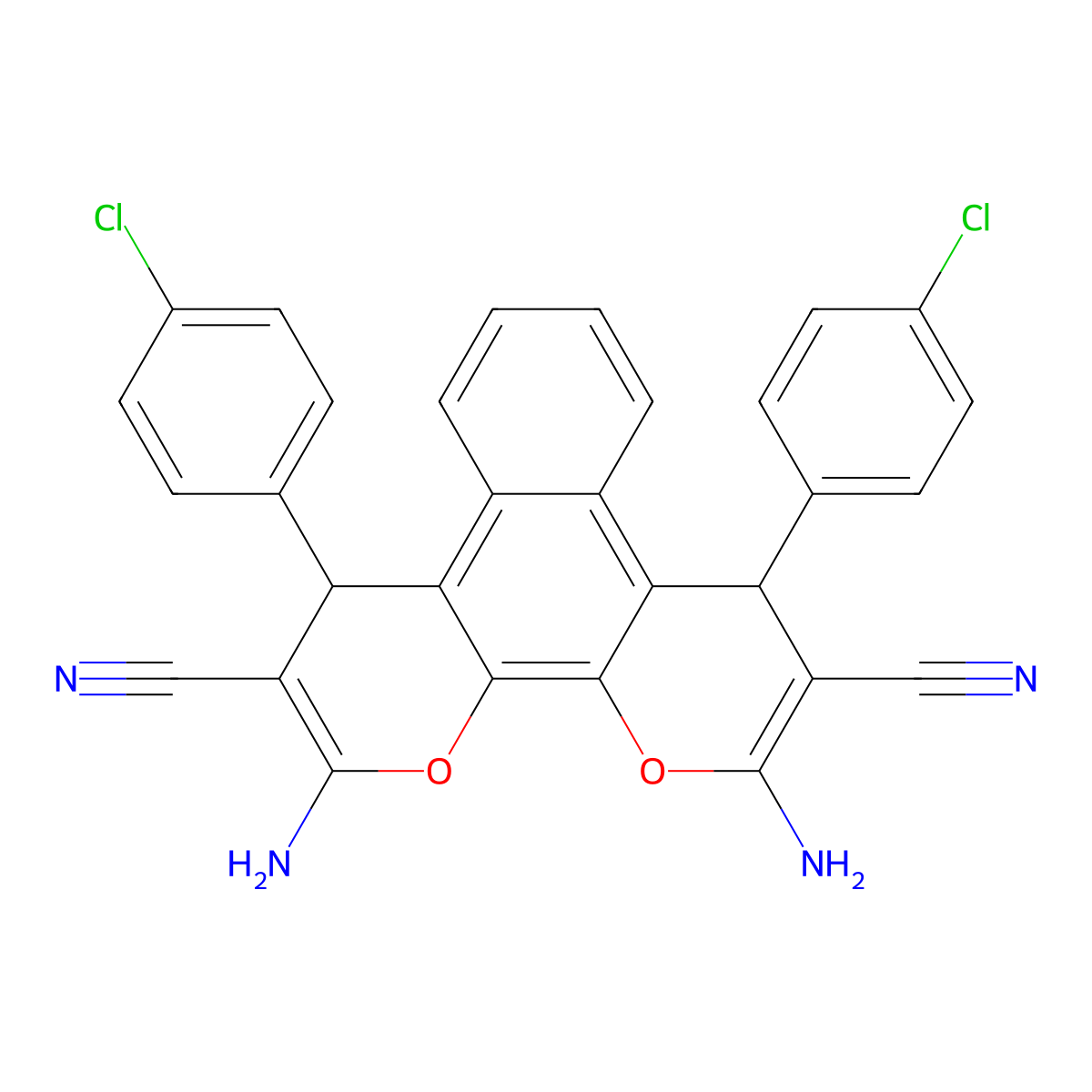 2,11-Diamino-4,9-bis(4-chlorophenyl)-4,9-dihydrobenzo[f]pyrano[3,2-h]chromene-3,10-dicarbonitrile molecular structure, CAS 354552-80-0