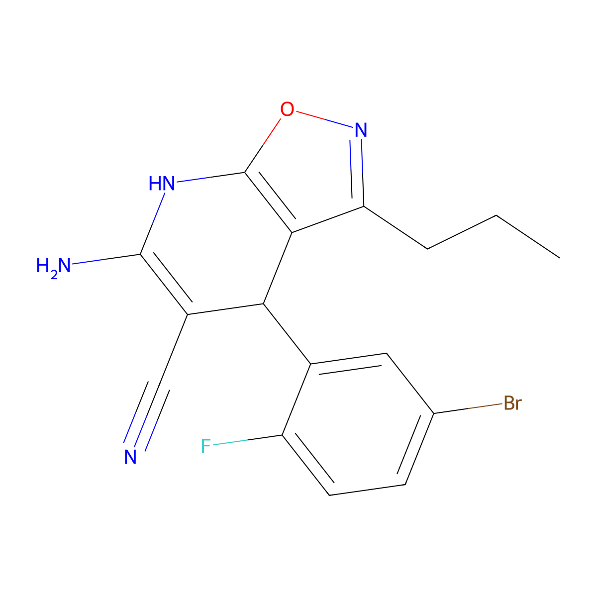 6-Amino-4-(5-bromo-2-fluorophenyl)-3-propyl-4,7-dihydroisoxazolo[5,4-b]pyridine-5-carbonitrile molecular structure, CAS 354552-96-8