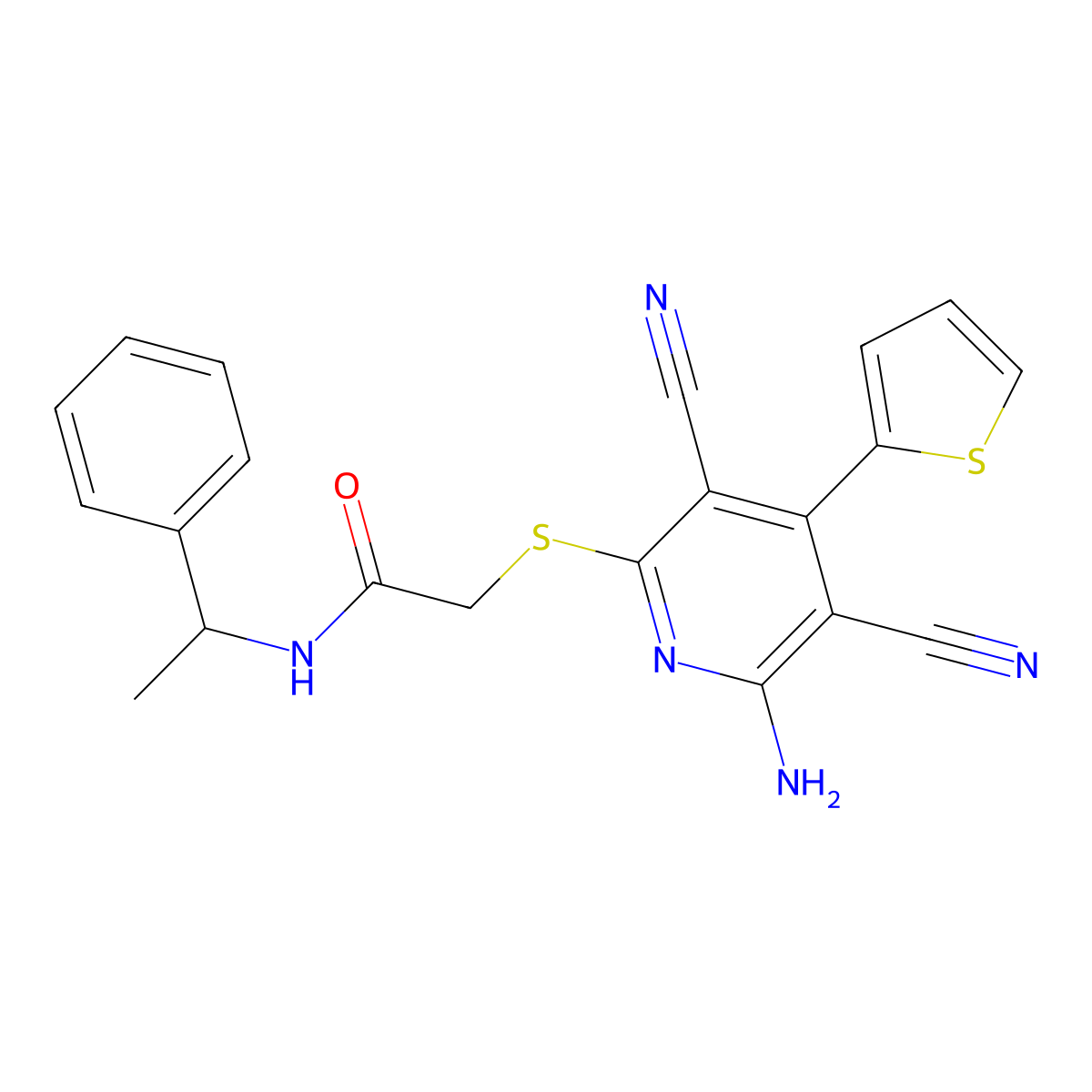 2-(6-amino-3,5-dicyano-4-thiophen-2-ylpyridin-2-yl)sulfanyl-N-(1-phenylethyl)acetamide molecular structure, CAS 354554-39-5