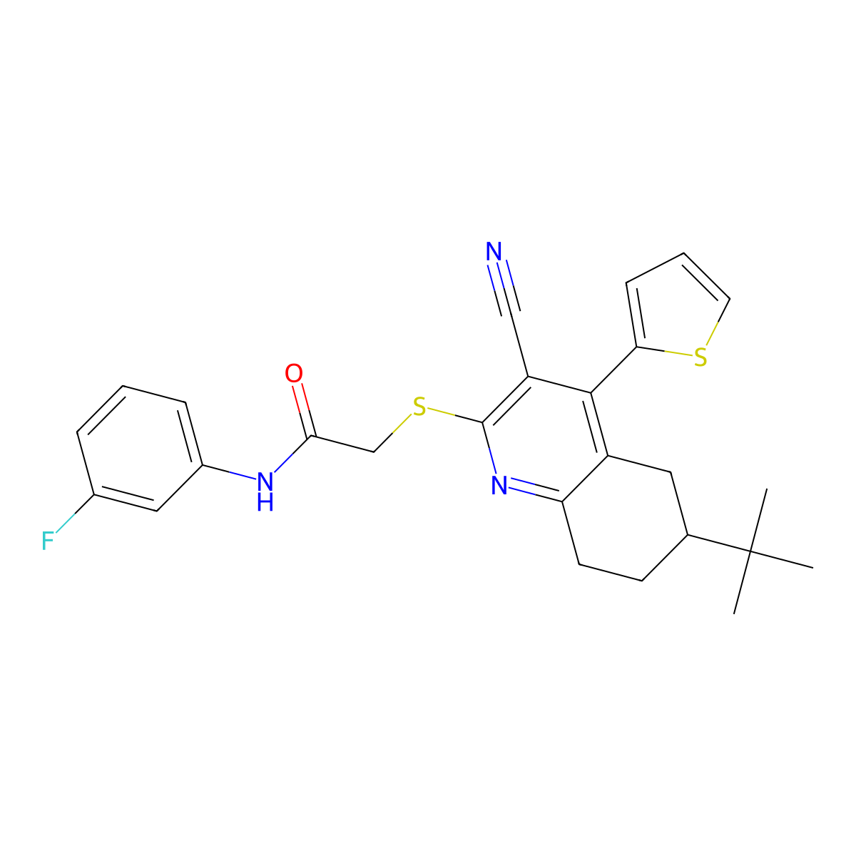 2-{[6-(tert-butyl)-3-cyano-4-(2-thienyl)-5,6,7,8-tetrahydro-2-quinolinyl]sulfanyl}-N-(3-fluorophenyl)acetamide molecular structure, CAS 354554-42-0
