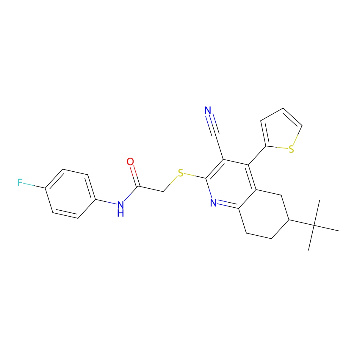2-{[6-tert-butyl-3-cyano-4-(thiophen-2-yl)-5,6,7,8-tetrahydroquinolin-2-yl]sulfanyl}-N-(4-fluorophenyl)acetamide molecular structure, CAS 354554-43-1