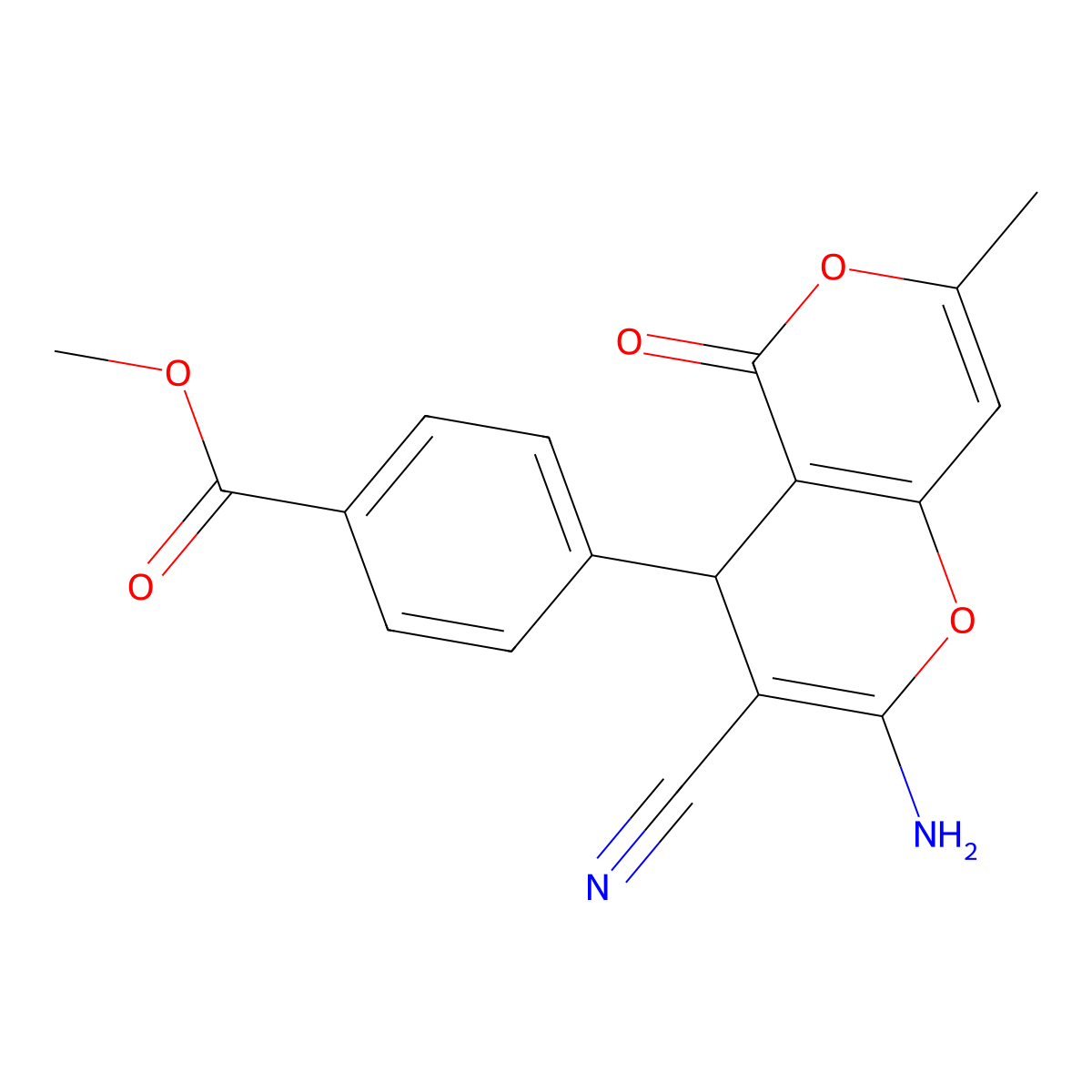methyl 4-(2-amino-3-cyano-7-methyl-5-oxo-4H-pyrano[3,2-c]pyran-4-yl)benzoate molecular structure, CAS 354554-44-2