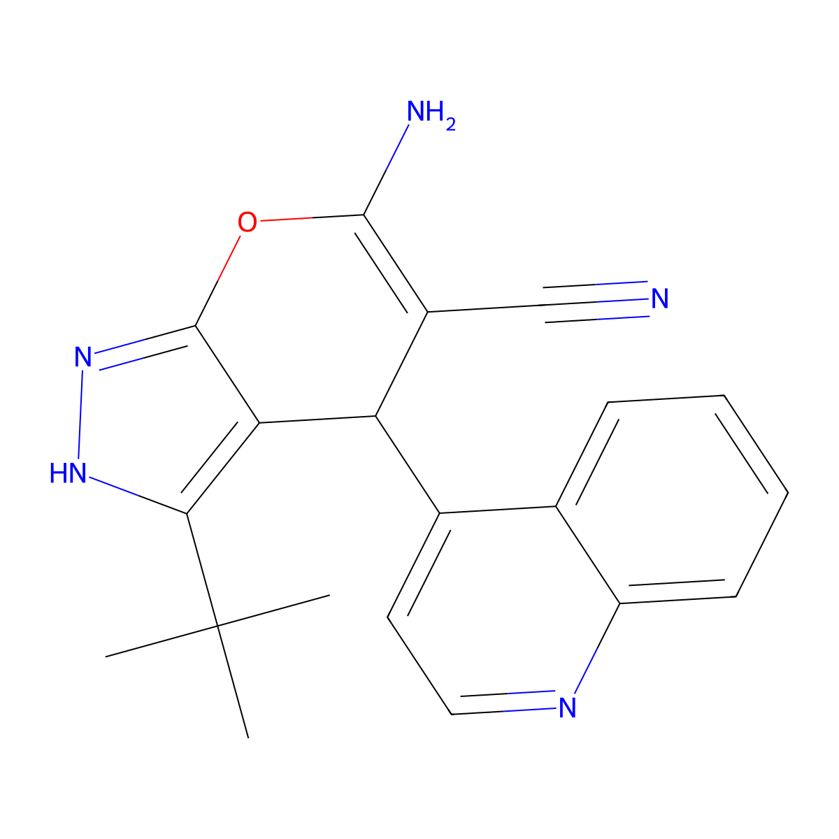 6-Amino-3-tert-butyl-4-quinolin-4-yl-2,4-dihydropyrano[2,3-c]pyrazole-5-carbonitrile molecular structure, CAS 354554-66-8