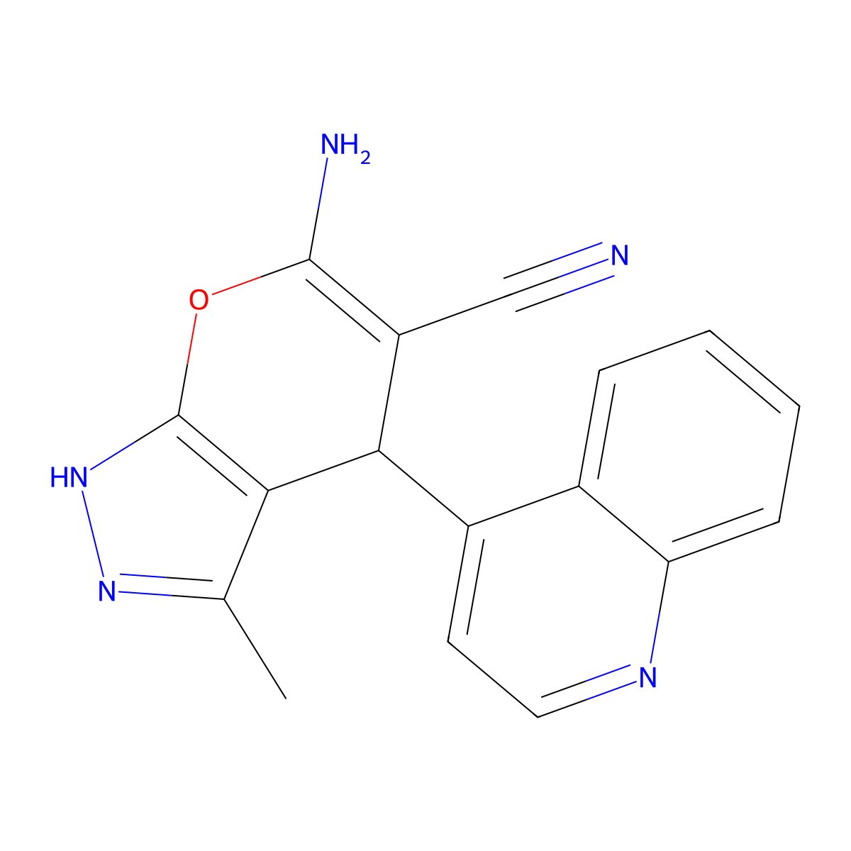 6-Amino-3-methyl-4-(4-quinolinyl)-2,4-dihydropyrano[2,3-c]pyrazole-5-carbonitrile molecular structure, CAS 354554-69-1