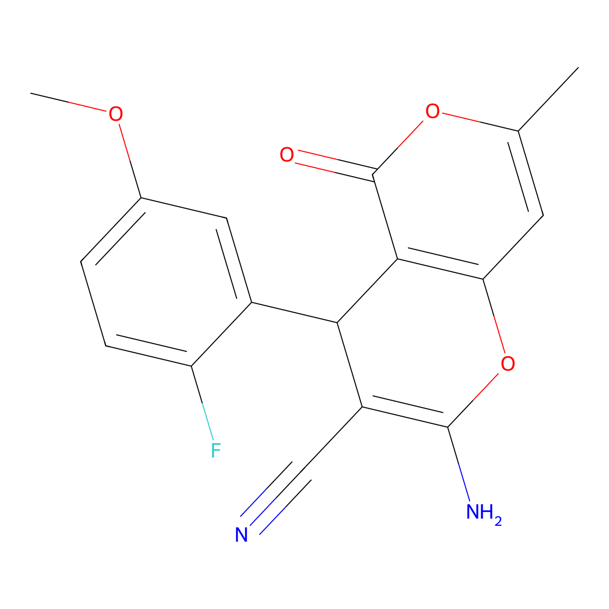 2-amino-4-(2-fluoro-5-methoxyphenyl)-7-methyl-5-oxo-4H-pyrano[3,2-c]pyran-3-carbonitrile molecular structure, CAS 354554-79-3