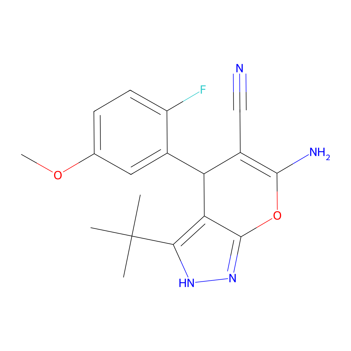 6-Amino-3-tert-butyl-4-(2-fluoro-5-methoxyphenyl)-2,4-dihydropyrano[2,3-c]pyrazole-5-carbonitrile molecular structure, CAS 354554-80-6