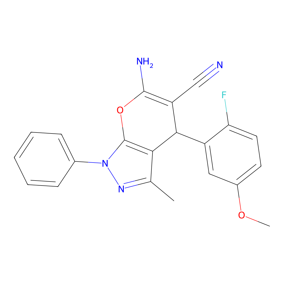 6-amino-4-(2-fluoro-5-methoxyphenyl)-3-methyl-1-phenyl-4H-pyrano[2,3-c]pyrazole-5-carbonitrile molecular structure, CAS 354554-81-7