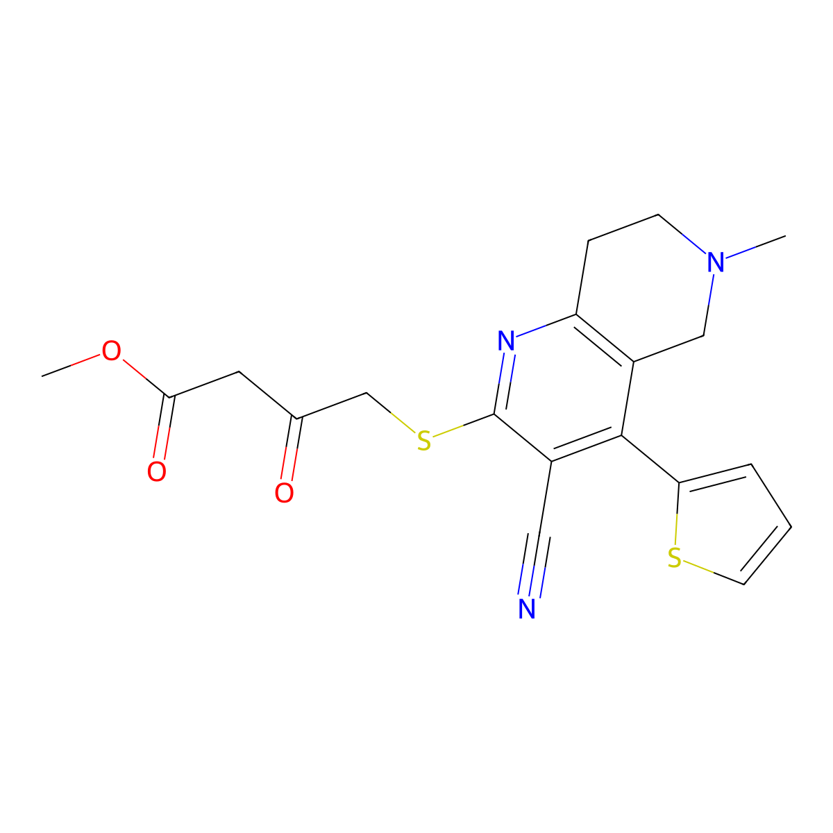 Methyl 4-{[3-cyano-6-methyl-4-(thiophen-2-yl)-5,6,7,8-tetrahydro-1,6-naphthyridin-2-yl]sulfanyl}-3-oxobutanoate molecular structure, CAS 354554-86-2