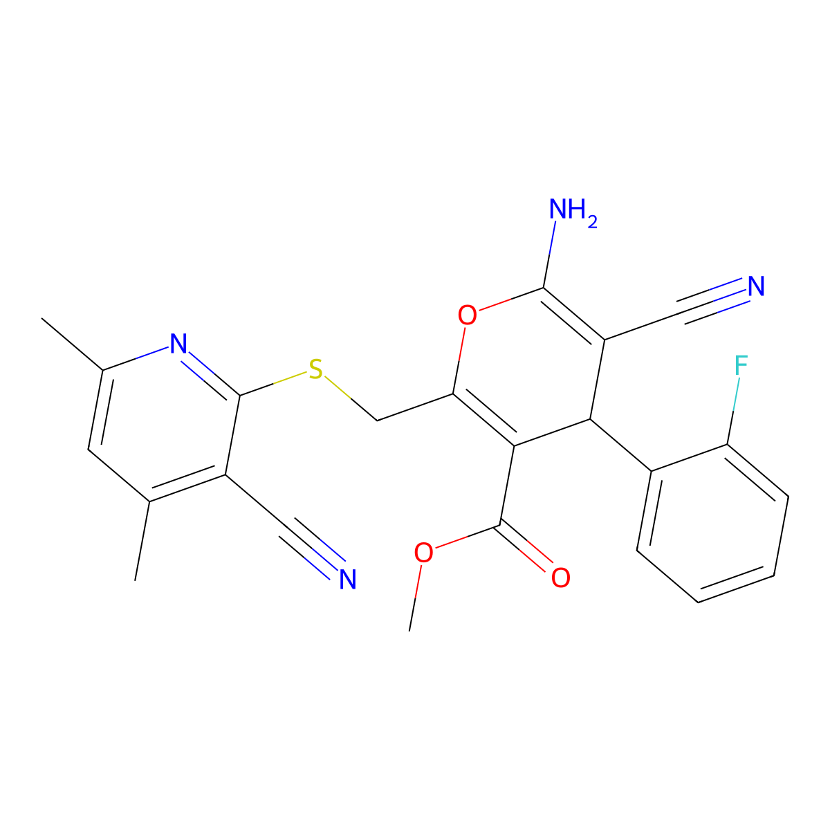 methyl 6-amino-5-cyano-2-{[(3-cyano-4,6-dimethylpyridin-2-yl)sulfanyl]methyl}-4-(2-fluorophenyl)-4H-pyran-3-carboxylate molecular structure, CAS 354554-88-4