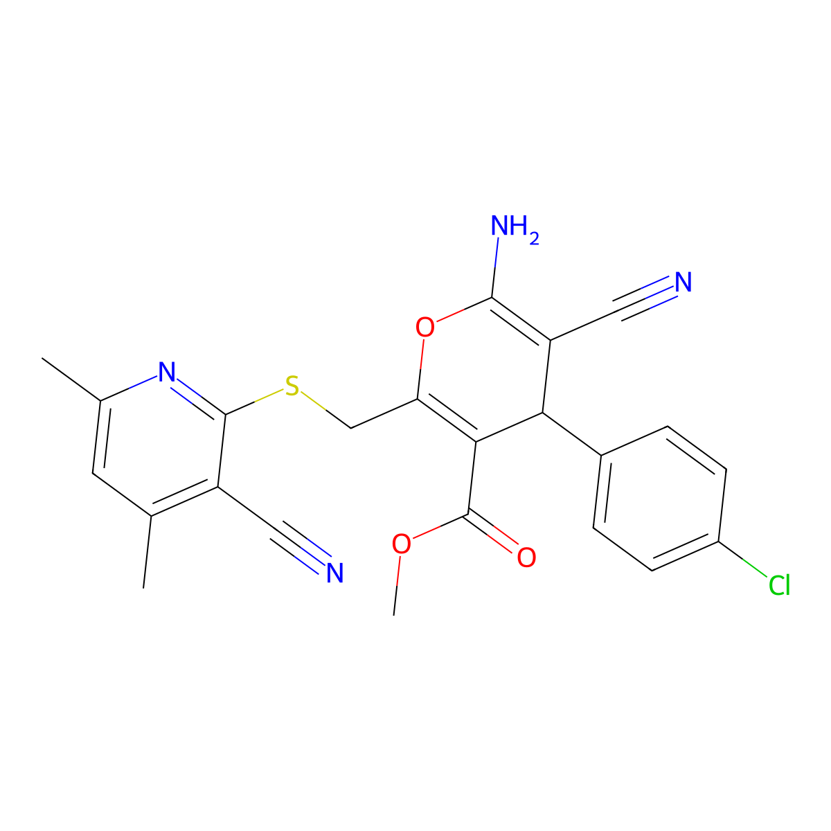 methyl 6-amino-4-(4-chlorophenyl)-5-cyano-2-[(3-cyano-4,6-dimethylpyridin-2-yl)sulfanylmethyl]-4H-pyran-3-carboxylate molecular structure, CAS 354554-89-5