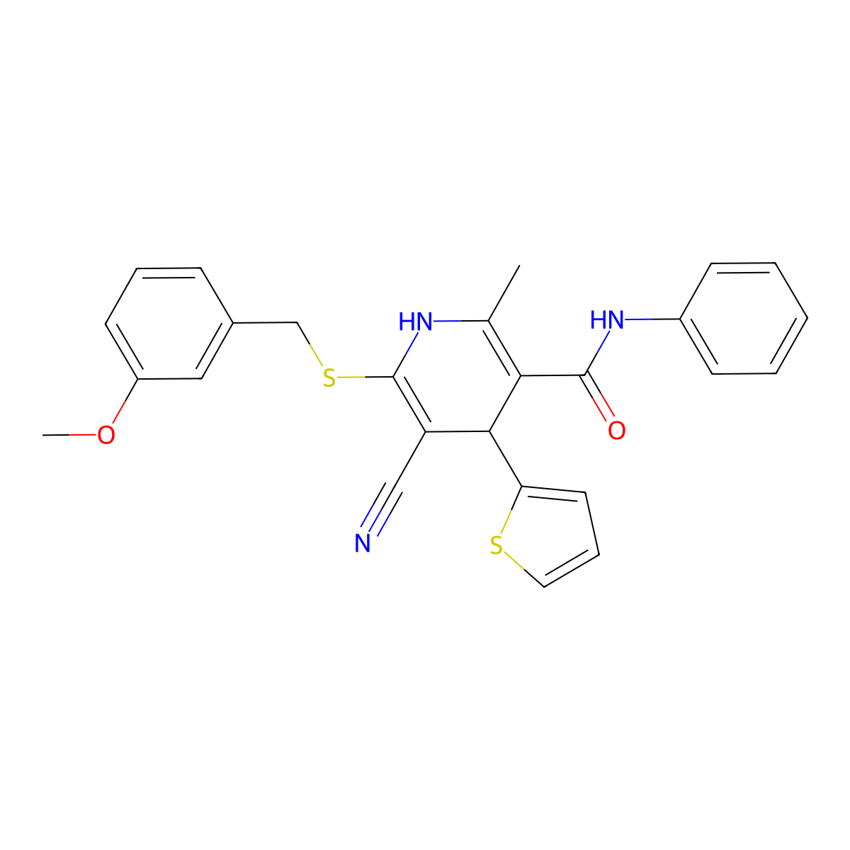 5-cyano-6-[(3-methoxyphenyl)methylsulfanyl]-2-methyl-N-phenyl-4-thiophen-2-yl-1,4-dihydropyridine-3-carboxamide molecular structure, CAS 354554-93-1