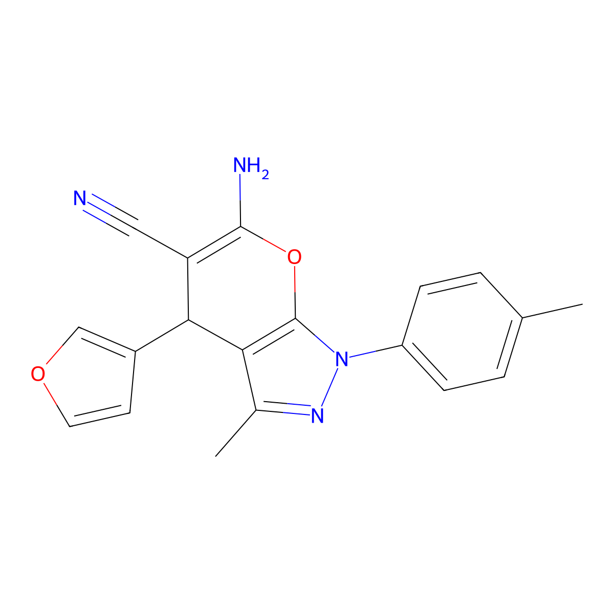 6-Amino-4-(3-furyl)-3-methyl-1-(4-methylphenyl)-1,4-dihydropyrano[2,3-c]pyrazole-5-carbonitrile molecular structure, CAS 354554-96-4