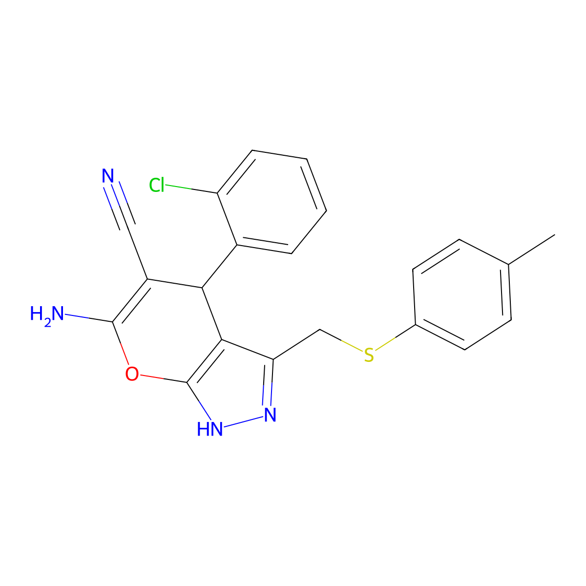 6-Amino-4-(2-chlorophenyl)-3-{[(4-methylphenyl)sulfanyl]methyl}-2,4-dihydropyrano[2,3-c]pyrazole-5-carbonitrile molecular structure, CAS 354555-02-5