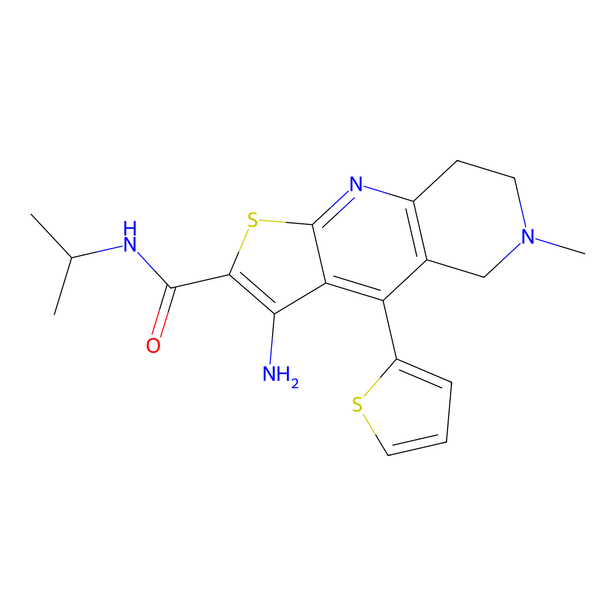 3-amino-6-methyl-N-propan-2-yl-4-thiophen-2-yl-7,8-dihydro-5H-thieno[2,3-b][1,6]naphthyridine-2-carboxamide molecular structure, CAS 354555-10-5