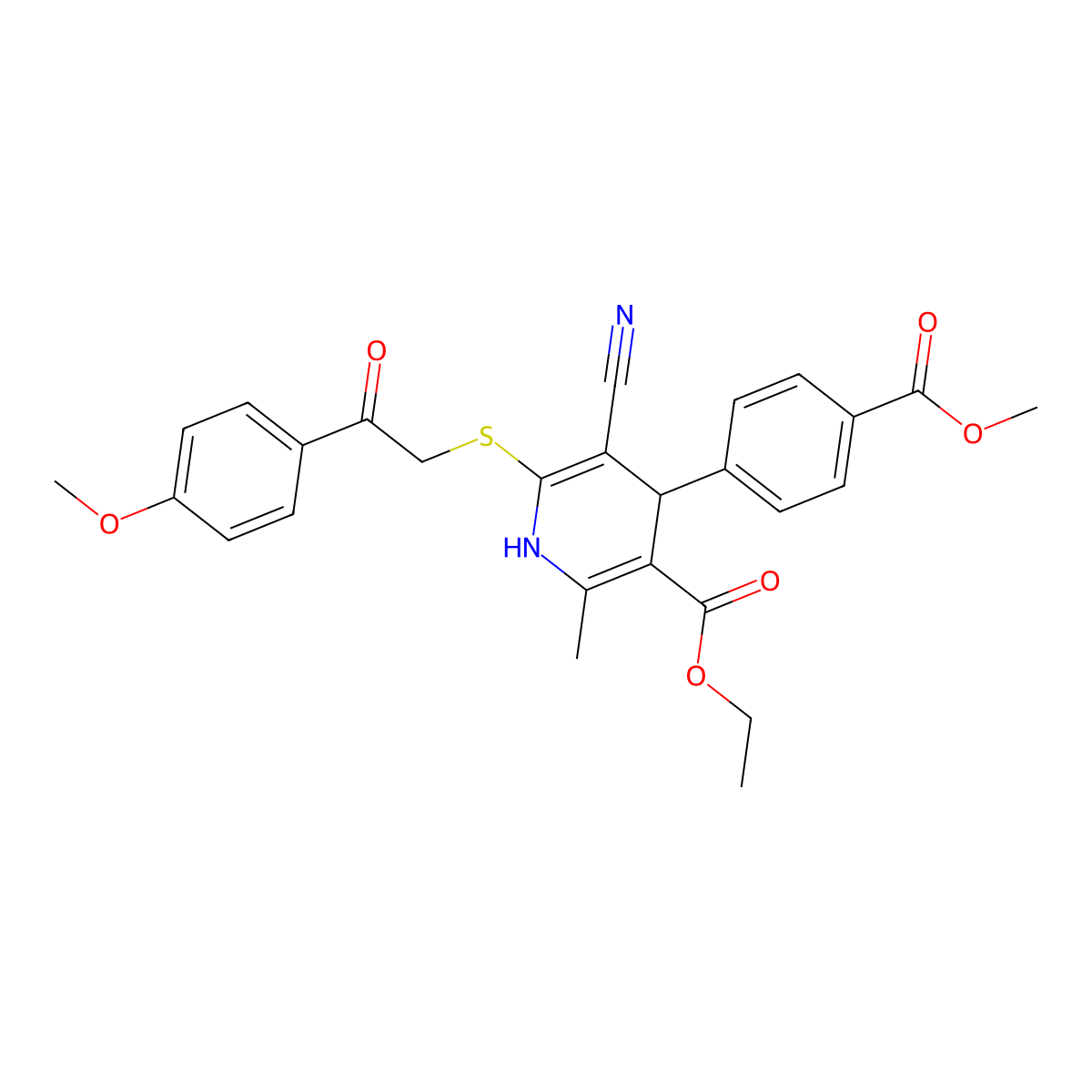 Ethyl 5-cyano-4-(4-methoxycarbonylphenyl)-6-[2-(4-methoxyphenyl)-2-oxoethyl]sulfanyl-2-methyl-1,4-dihydropyridine-3-carboxylate molecular structure, CAS 354555-13-8