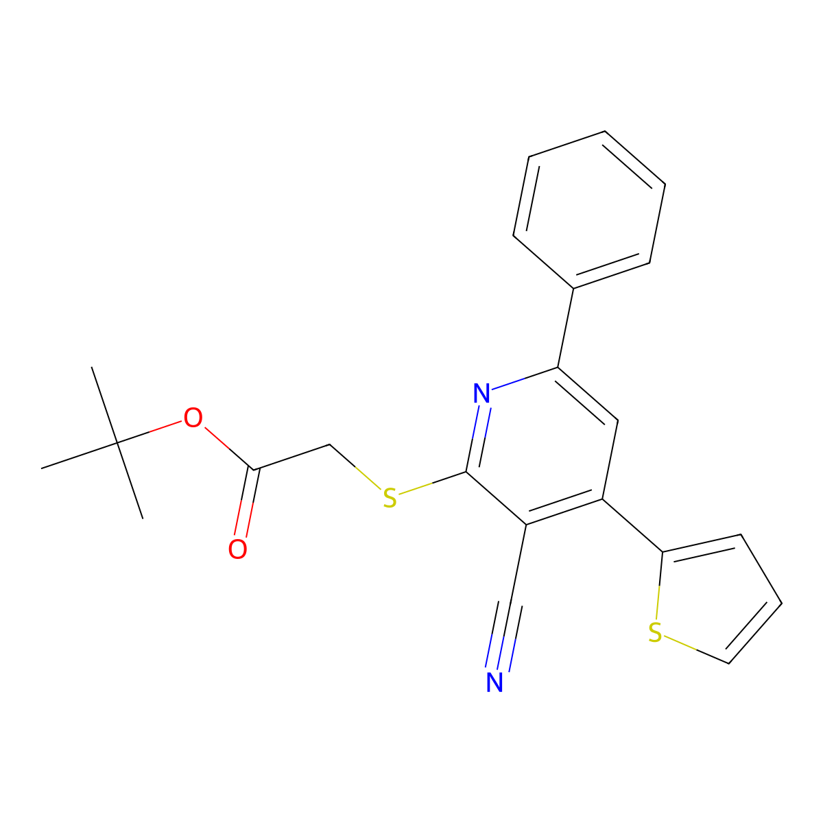 Tert-butyl 2-(3-cyano-6-phenyl-4-thiophen-2-ylpyridin-2-yl)sulfanylacetate molecular structure, CAS 354555-55-8