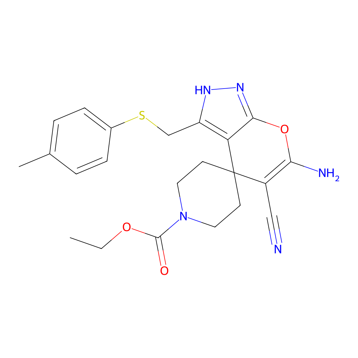 ethyl 6-amino-5-cyano-3-[(4-methylphenyl)sulfanylmethyl]spiro[2H-pyrano[2,3-c]pyrazole-4,4'-piperidine]-1'-carboxylate molecular structure, CAS 354555-63-8