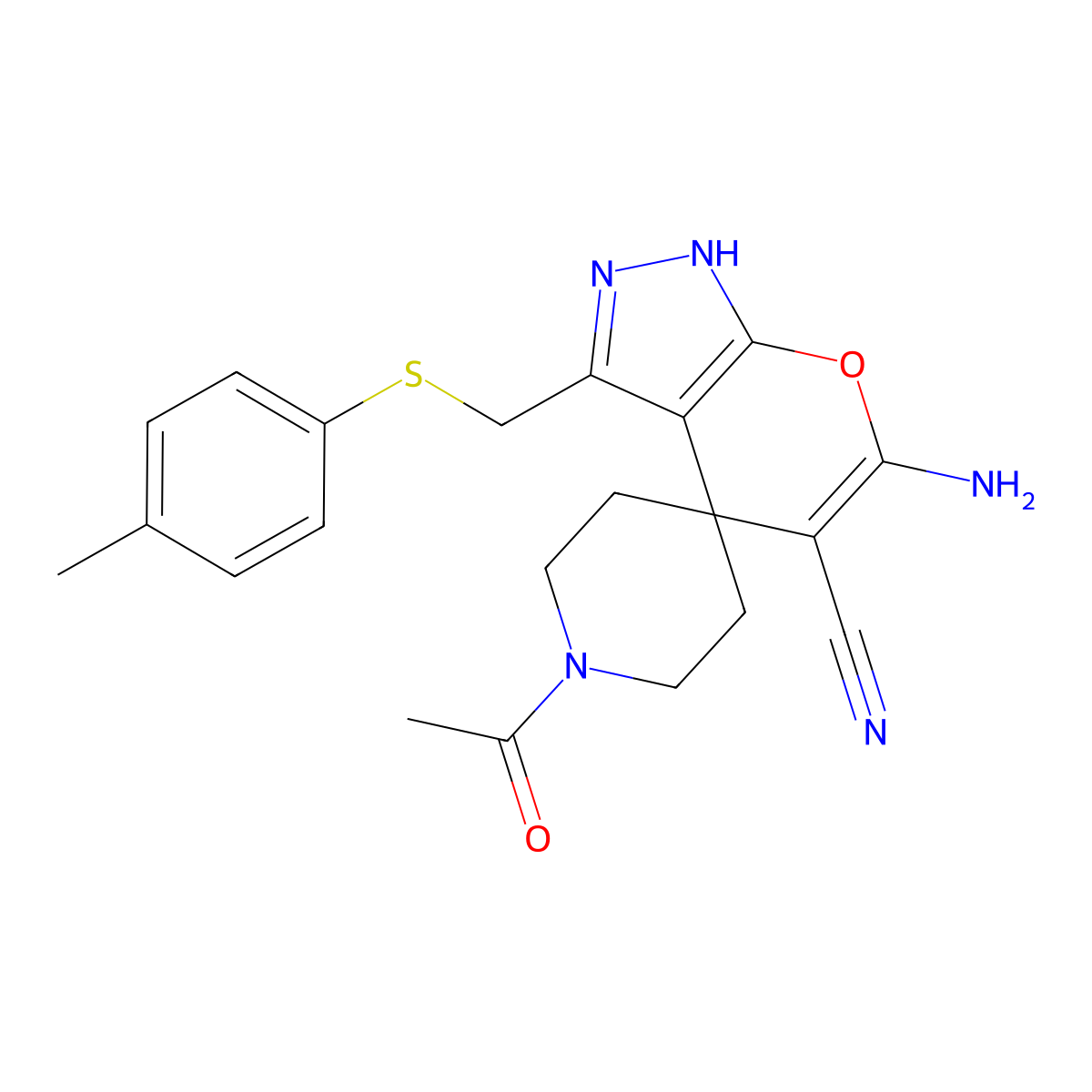 1'-acetyl-6-amino-3-[(4-methylphenyl)sulfanylmethyl]spiro[2H-pyrano[2,3-c]pyrazole-4,4'-piperidine]-5-carbonitrile molecular structure, CAS 354555-64-9
