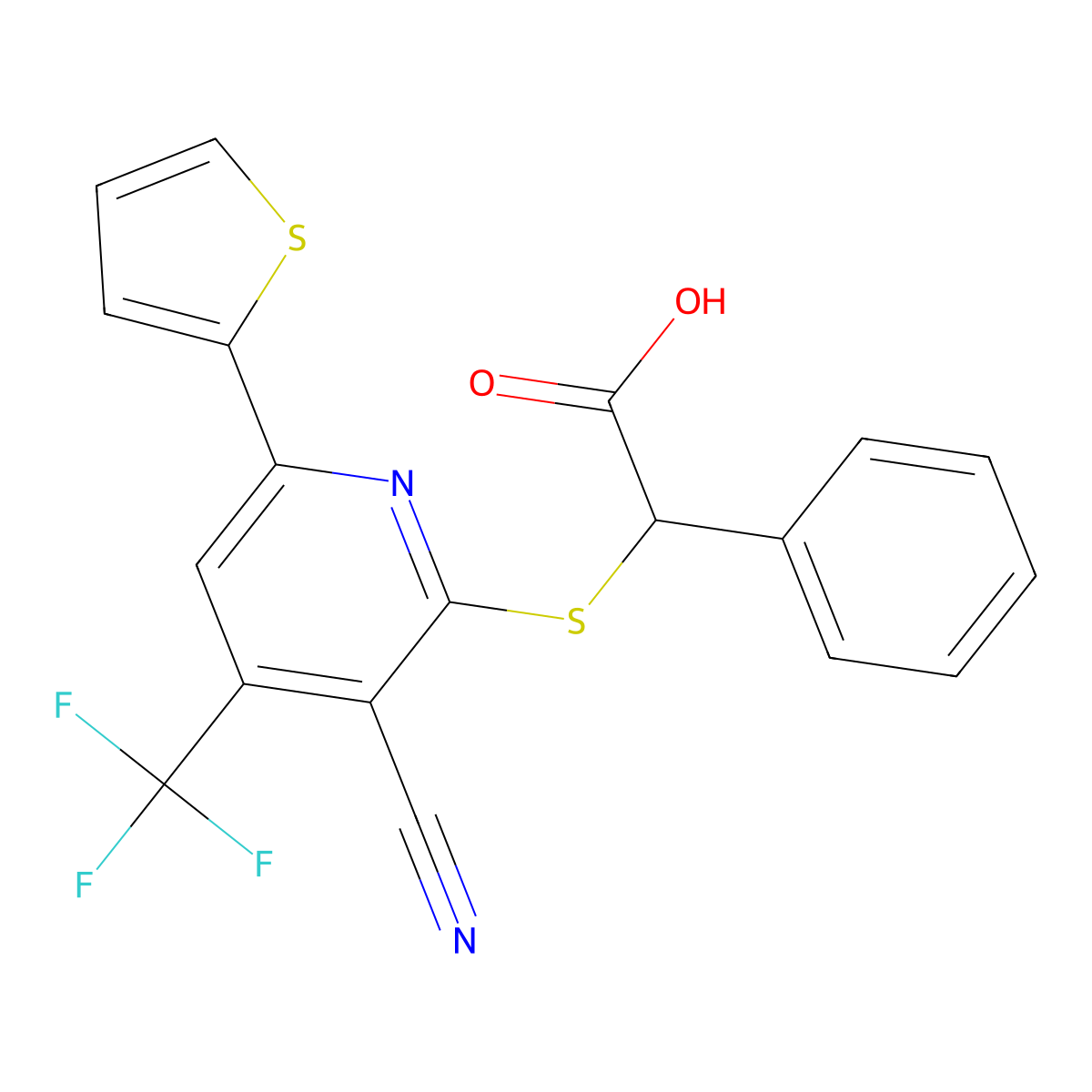 (3-Cyano-6-thiophen-2-yl-4-trifluoromethyl-pyridin-2-ylsulfanyl)-phenyl-acetic acid molecular structure, CAS 354555-65-0