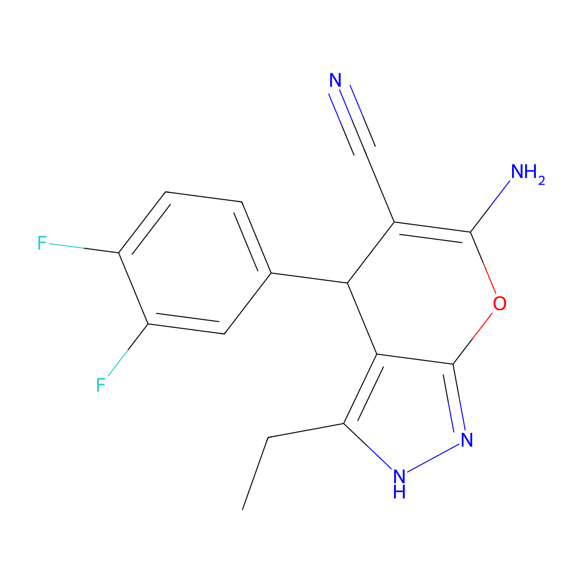 6-Amino-4-(3,4-difluorophenyl)-3-ethyl-2,4-dihydropyrano[2,3-c]pyrazole-5-carbonitrile molecular structure, CAS 354555-73-0