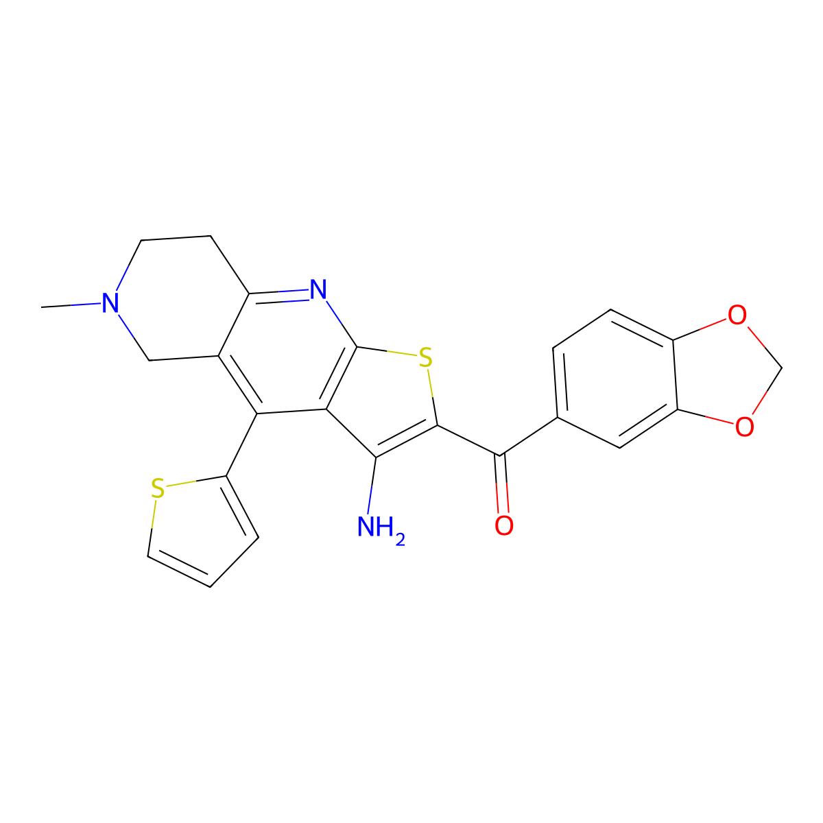 [3-Amino-6-methyl-4-(2-thienyl)-5,6,7,8-tetrahydrothieno[2,3-b][1,6]naphthyridin-2-yl](1,3-benzodioxol-5-yl)methanone molecular structure, CAS 354555-88-7