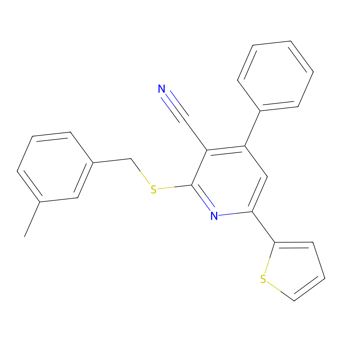 2-[(3-Methylphenyl)methylsulfanyl]-4-phenyl-6-thiophen-2-ylpyridine-3-carbonitrile molecular structure, CAS 354556-32-4