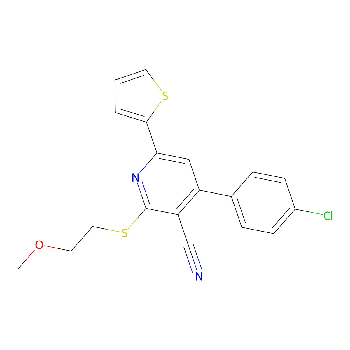 4-(4-Chlorophenyl)-2-(2-methoxyethylsulfanyl)-6-thiophen-2-ylpyridine-3-carbonitrile molecular structure, CAS 354556-35-7