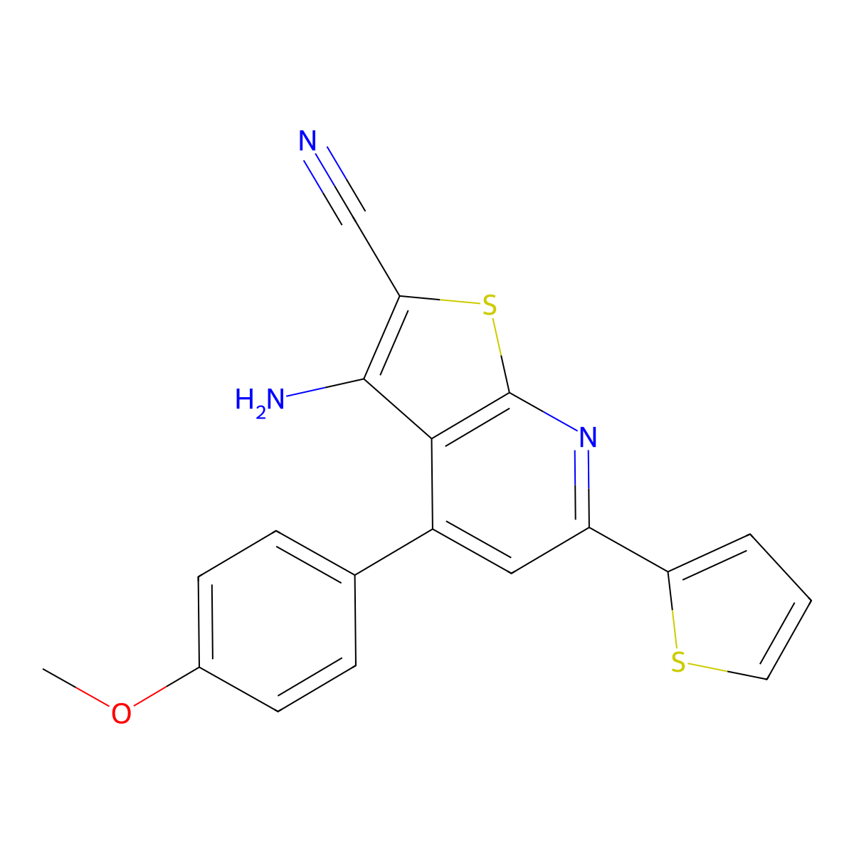3-Amino-4-(4-methoxyphenyl)-6-thiophen-2-ylthieno[2,3-b]pyridine-2-carbonitrile molecular structure, CAS 354556-40-4