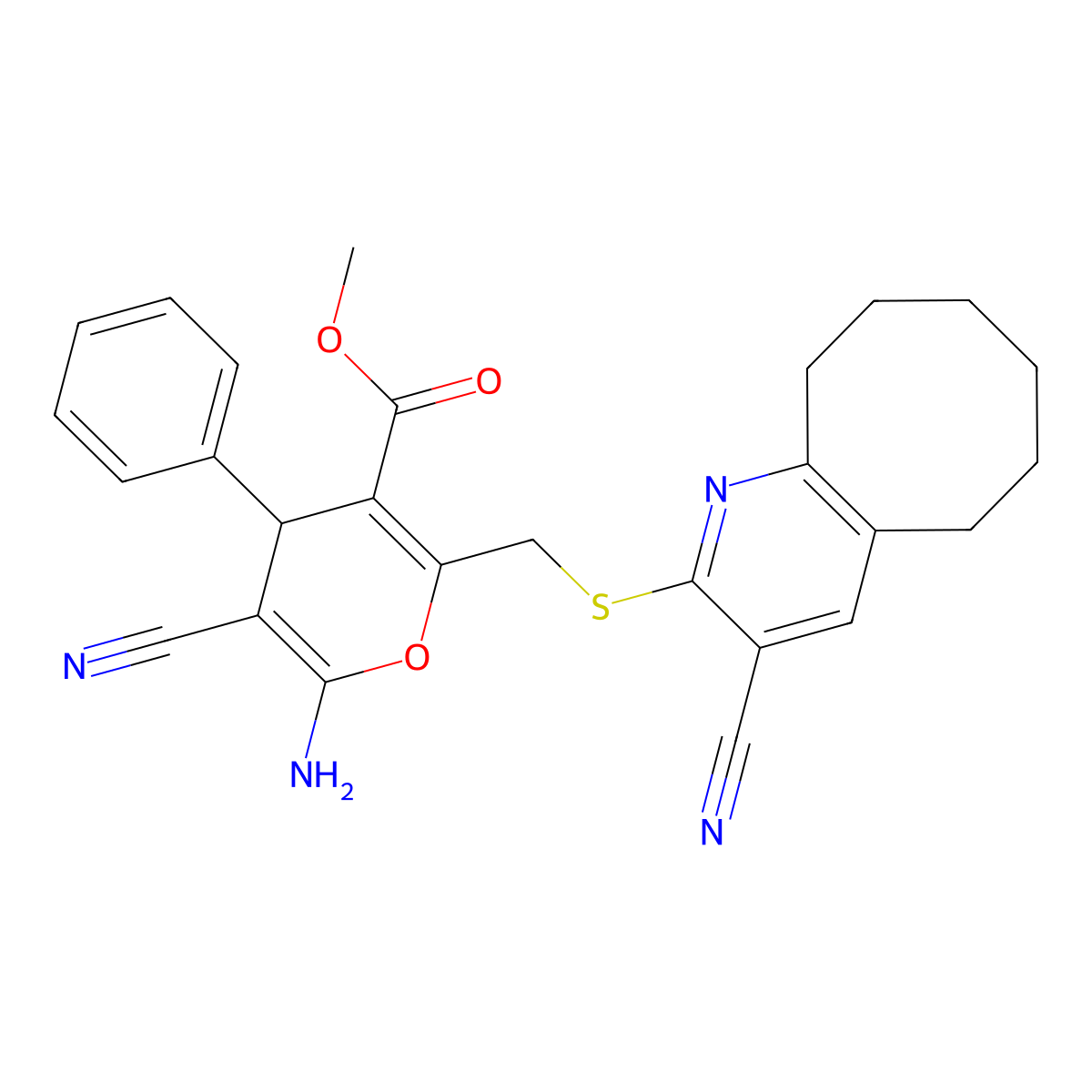 methyl 6-amino-5-cyano-2-[(3-cyano-5,6,7,8,9,10-hexahydrocycloocta[b]pyridin-2-yl)sulfanylmethyl]-4-phenyl-4H-pyran-3-carboxylate molecular structure, CAS 354556-44-8