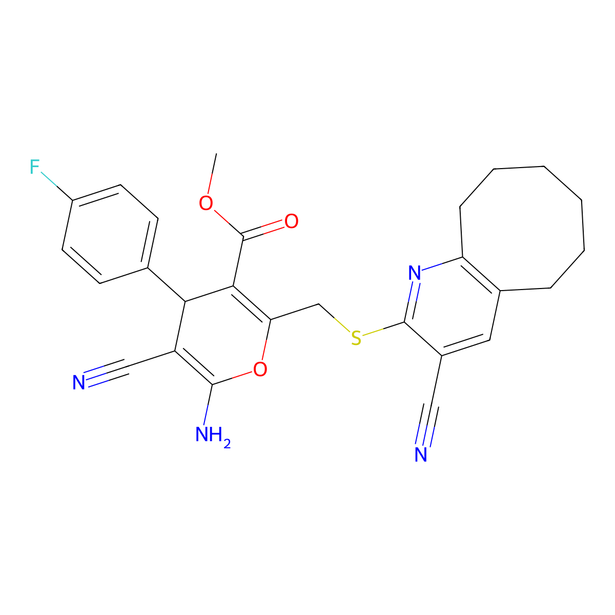 methyl 6-amino-5-cyano-2-[(3-cyano-5,6,7,8,9,10-hexahydrocycloocta[b]pyridin-2-yl)sulfanylmethyl]-4-(4-fluorophenyl)-4H-pyran-3-carboxylate molecular structure, CAS 354556-45-9