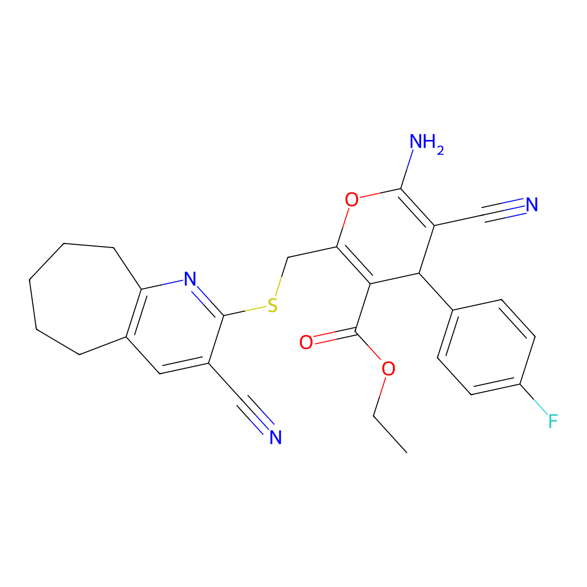 ethyl 6-amino-5-cyano-2-[(3-cyano-6,7,8,9-tetrahydro-5H-cyclohepta[b]pyridin-2-yl)sulfanylmethyl]-4-(4-fluorophenyl)-4H-pyran-3-carboxylate molecular structure, CAS 354556-46-0
