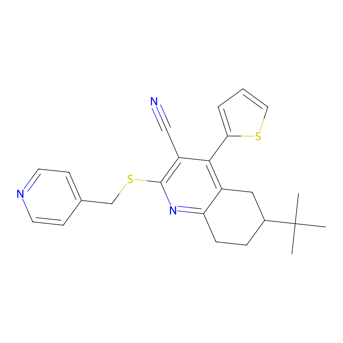 6-Tert-butyl-2-(pyridin-4-ylmethylsulfanyl)-4-thiophen-2-yl-5,6,7,8-tetrahydroquinoline-3-carbonitrile molecular structure, CAS 354556-51-7