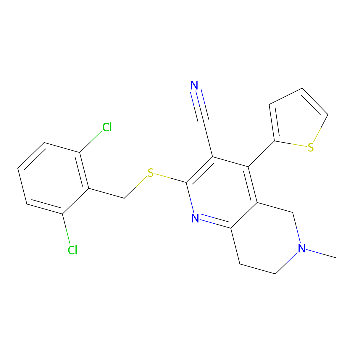 2-[(2,6-dichlorophenyl)methylsulfanyl]-6-methyl-4-thiophen-2-yl-7,8-dihydro-5H-1,6-naphthyridine-3-carbonitrile molecular structure, CAS 354556-54-0