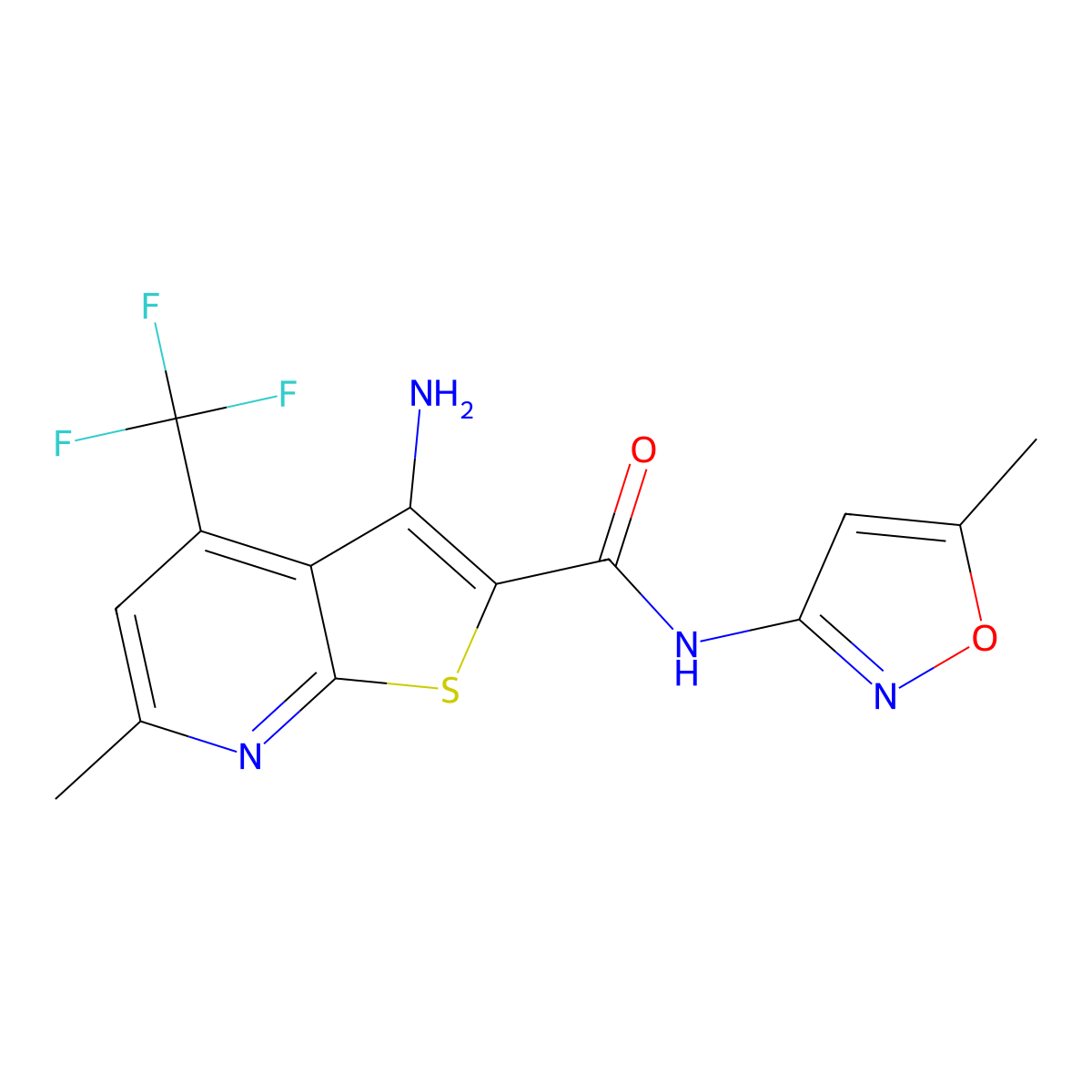 3-amino-6-methyl-N-(5-methyl-1,2-oxazol-3-yl)-4-(trifluoromethyl)thieno[2,3-b]pyridine-2-carboxamide molecular structure, CAS 354556-59-5