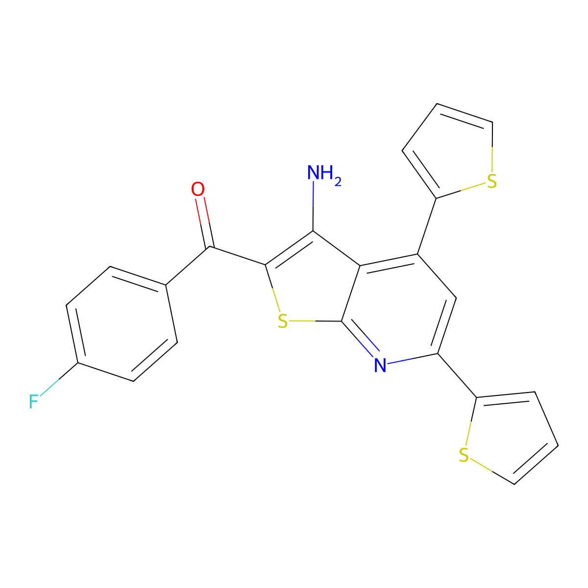 (3-Amino-4,6-dithiophen-2-ylthieno[2,3-b]pyridin-2-yl)-(4-fluorophenyl)methanone molecular structure, CAS 354556-62-0