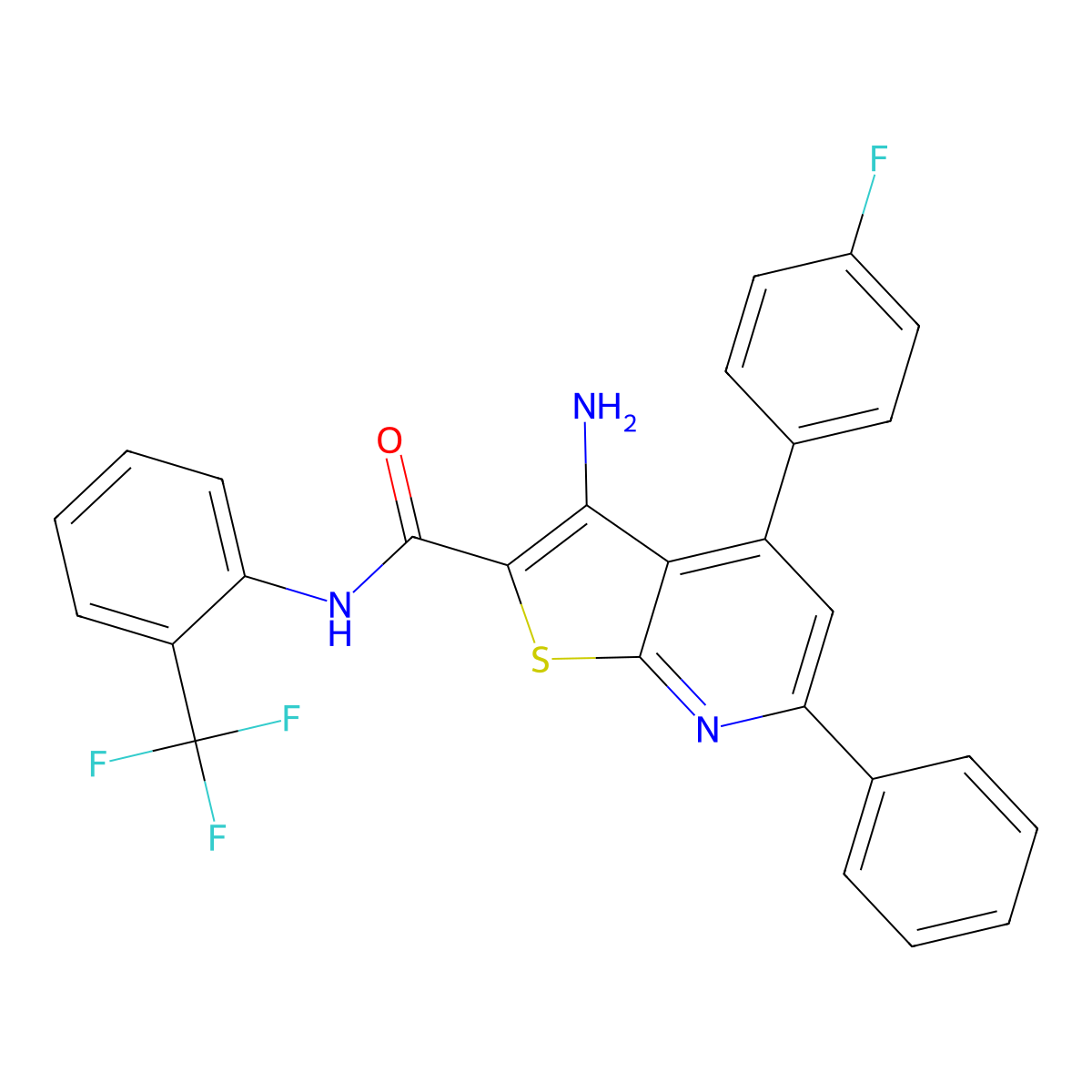 3-amino-4-(4-fluorophenyl)-6-phenyl-N-[2-(trifluoromethyl)phenyl]thieno[2,3-b]pyridine-2-carboxamide molecular structure, CAS 354556-64-2