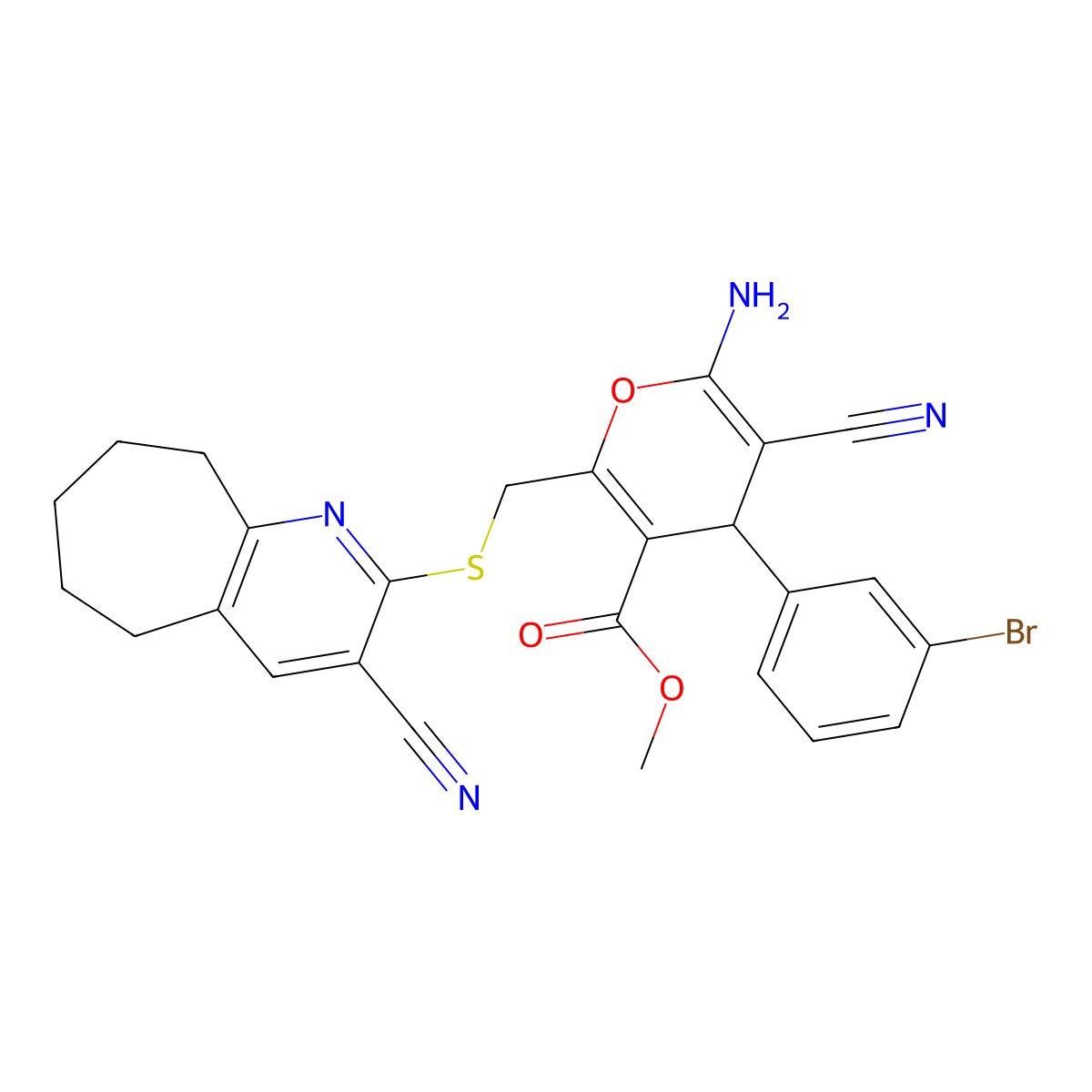 methyl 6-amino-4-(3-bromophenyl)-5-cyano-2-[(3-cyano-6,7,8,9-tetrahydro-5H-cyclohepta[b]pyridin-2-yl)sulfanylmethyl]-4H-pyran-3-carboxylate molecular structure, CAS 354556-65-3