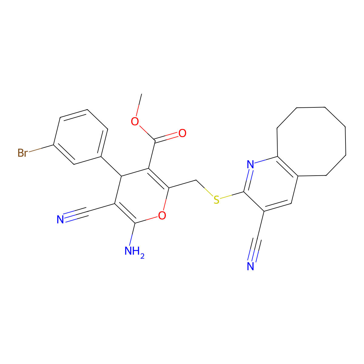 methyl 6-amino-4-(3-bromophenyl)-5-cyano-2-[(3-cyano-5,6,7,8,9,10-hexahydrocycloocta[b]pyridin-2-yl)sulfanylmethyl]-4H-pyran-3-carboxylate molecular structure, CAS 354556-66-4
