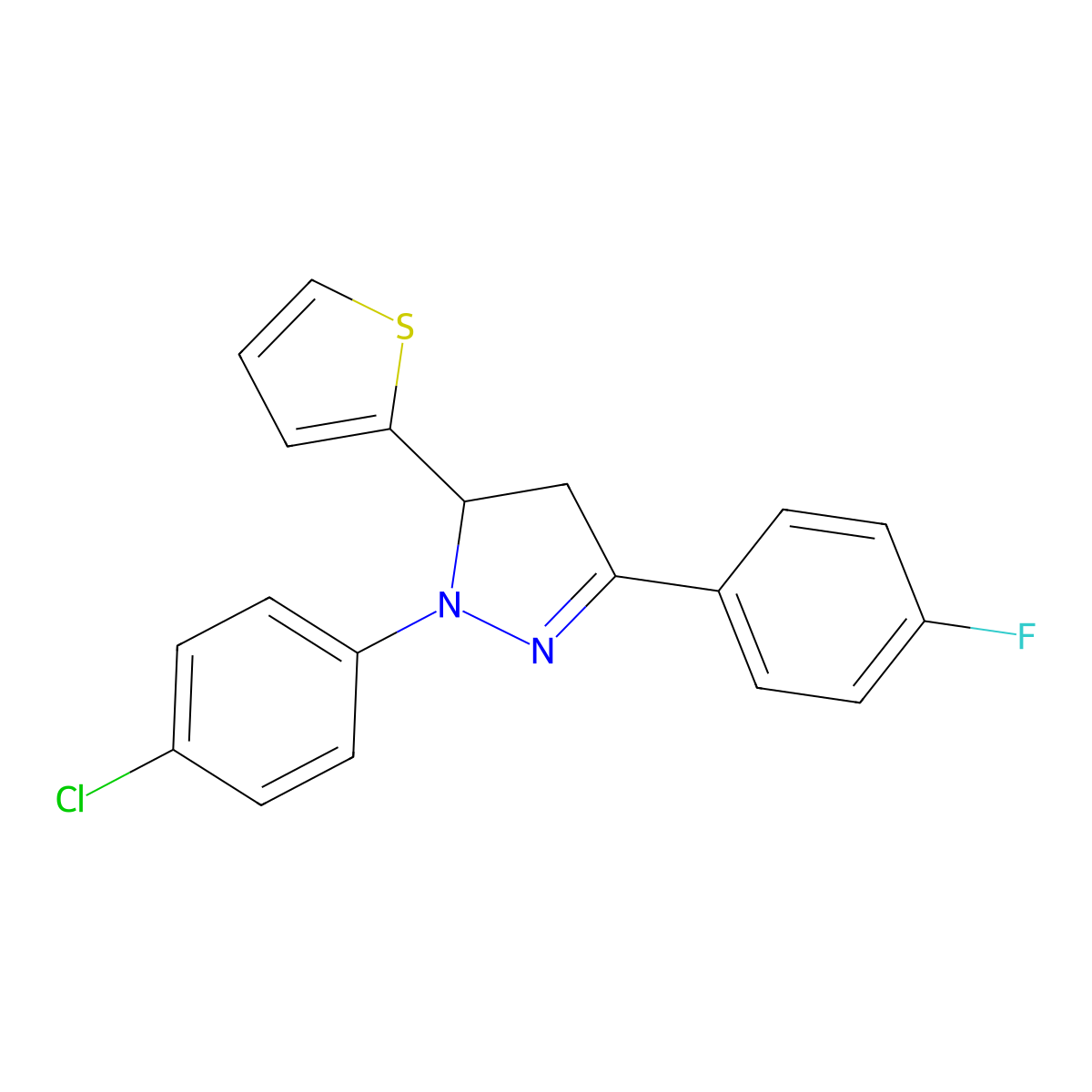 2-(4-Chlorophenyl)-5-(4-fluorophenyl)-3-thiophen-2-yl-3,4-dihydropyrazole molecular structure, CAS 354558-83-1
