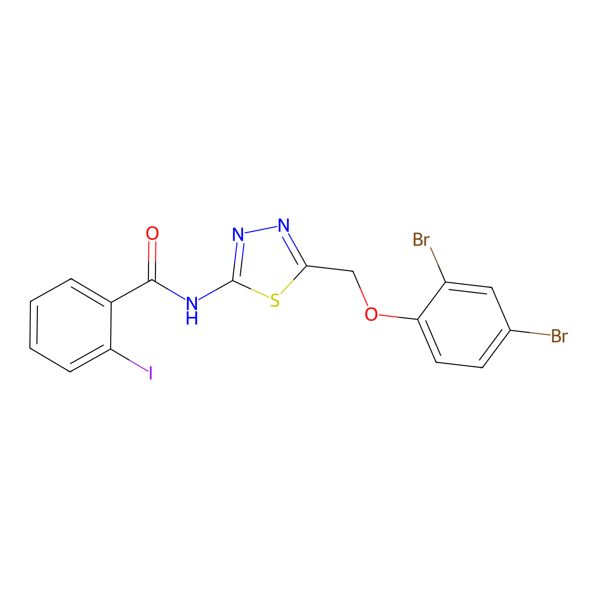 N-{5-[(2,4-dibromophenoxy)methyl]-1,3,4-thiadiazol-2-yl}-2-iodobenzamide molecular structure, CAS 354563-05-6
