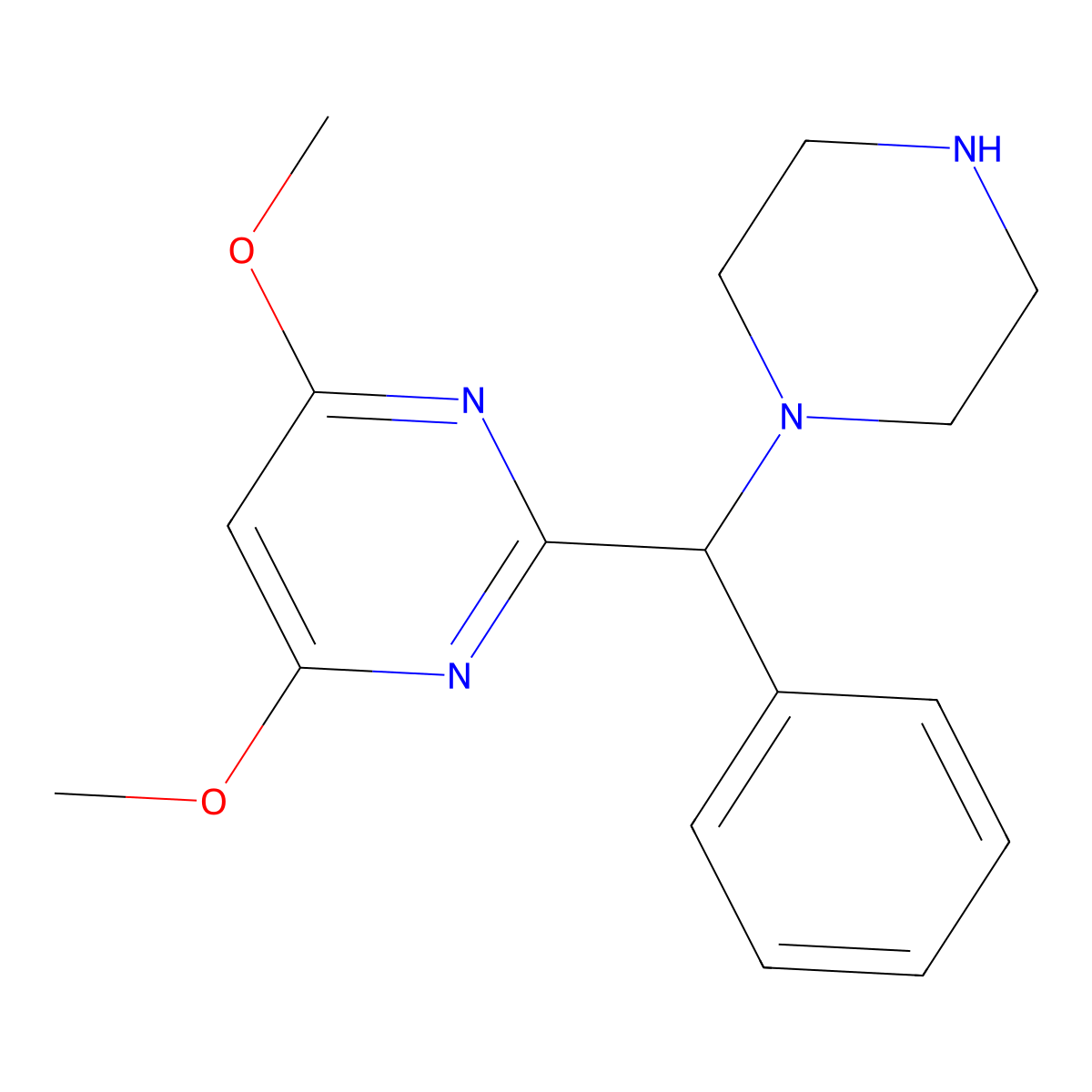 4,6-Dimethoxy-2-(phenyl(piperazin-1-yl)methyl)pyrimidine molecular structure, CAS 354563-89-6
