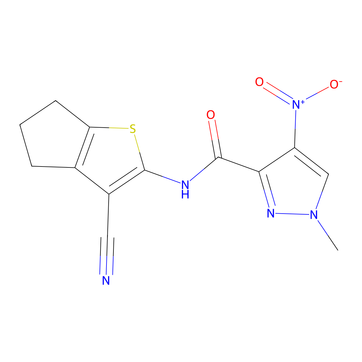 N-(3-cyano-5,6-dihydro-4H-cyclopenta[b]thiophen-2-yl)-1-methyl-4-nitropyrazole-3-carboxamide molecular structure, CAS 354577-14-3