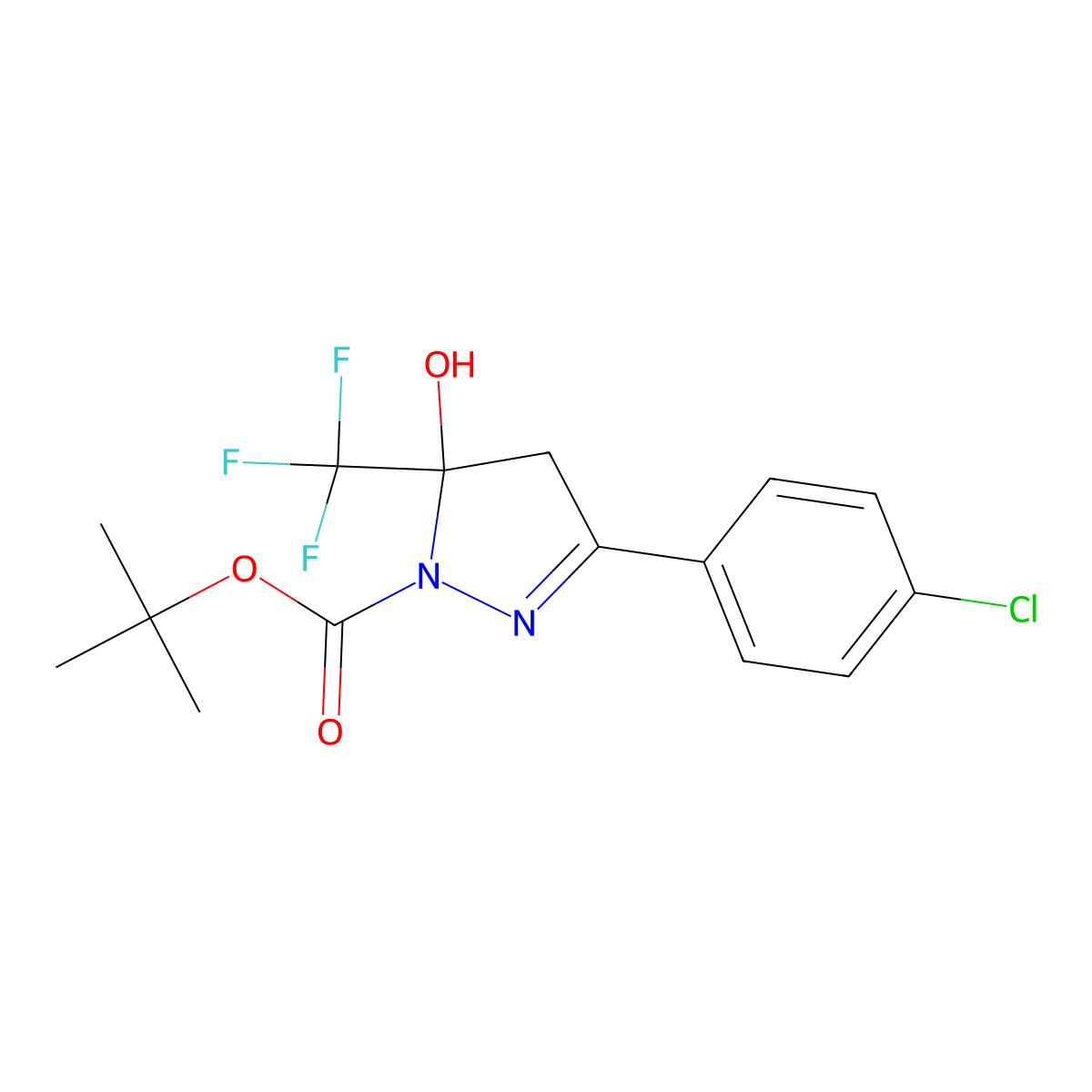 tert-butyl 3-(4-chlorophenyl)-5-hydroxy-5-(trifluoromethyl)-4,5-dihydro-1H-pyrazole-1-carboxylate molecular structure, CAS 354768-00-6