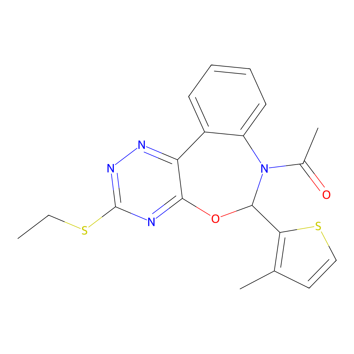 1-[3-ethylsulfanyl-6-(3-methylthiophen-2-yl)-6H-[1,2,4]triazino[5,6-d][3,1]benzoxazepin-7-yl]ethanone molecular structure, CAS 354775-60-3