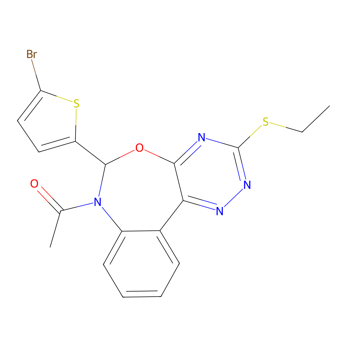1-[6-(5-bromothiophen-2-yl)-3-ethylsulfanyl-6H-[1,2,4]triazino[5,6-d][3,1]benzoxazepin-7-yl]ethanone molecular structure, CAS 354775-78-3